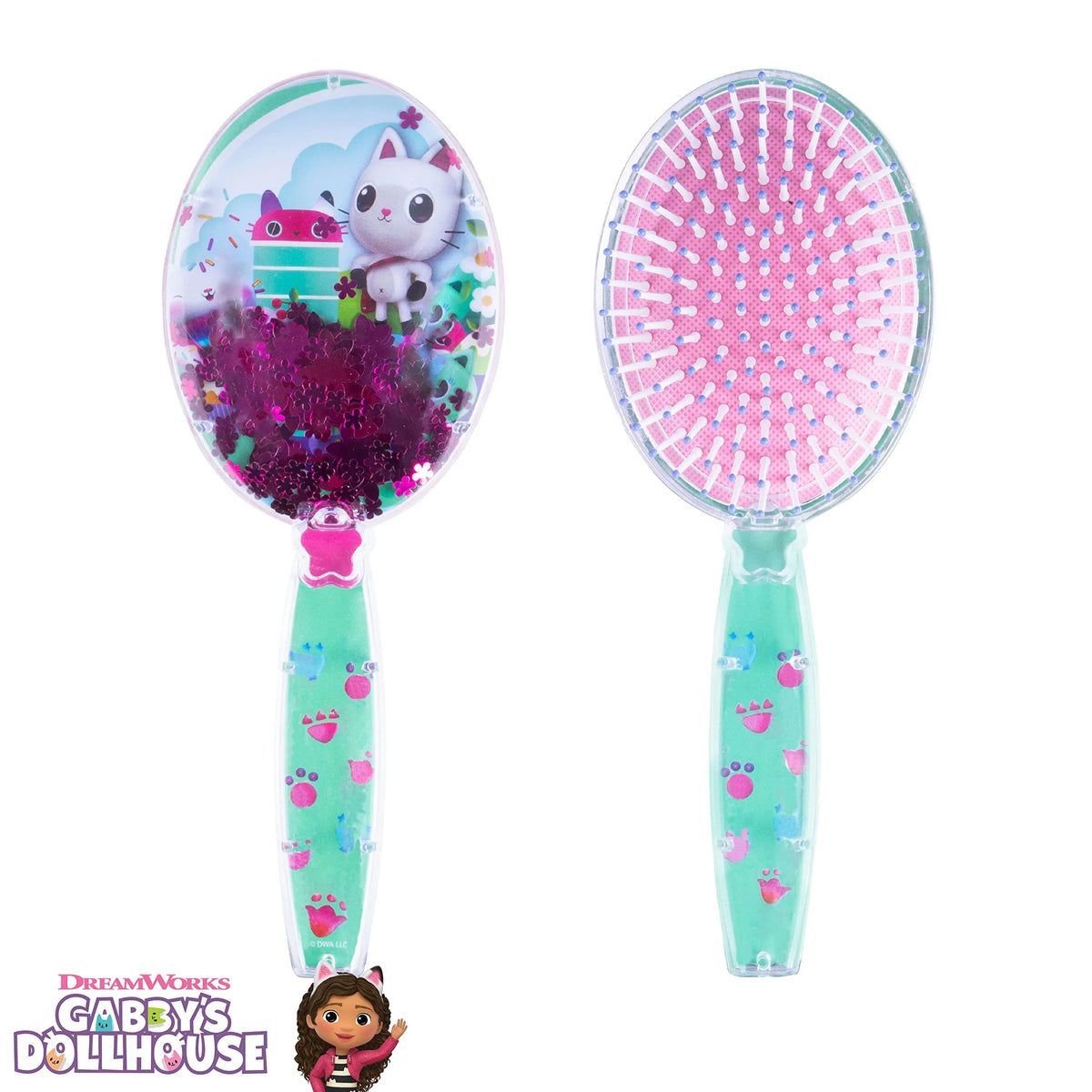 Gabby's Dollhouse hair brush with cat design, glitter-filled handle, and pink bristles