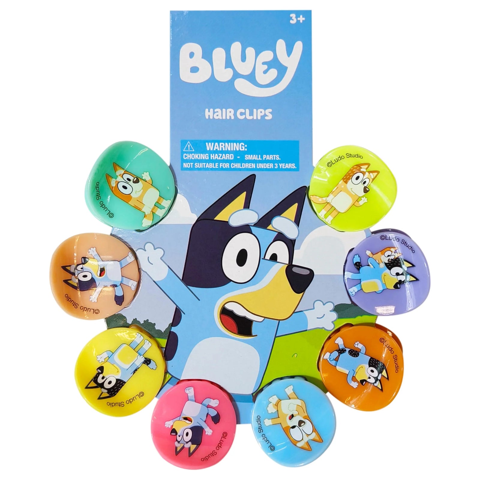 Bluey Hair Clips set featuring colorful Bluey and Bingo character designs on retail packaging