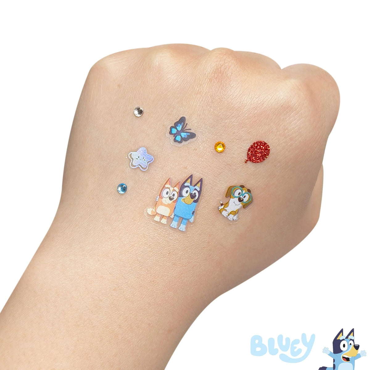 Bluey Temporary Tattoos on hand, featuring Bluey, Bingo, and sparkly accents, LuvHer Shop
