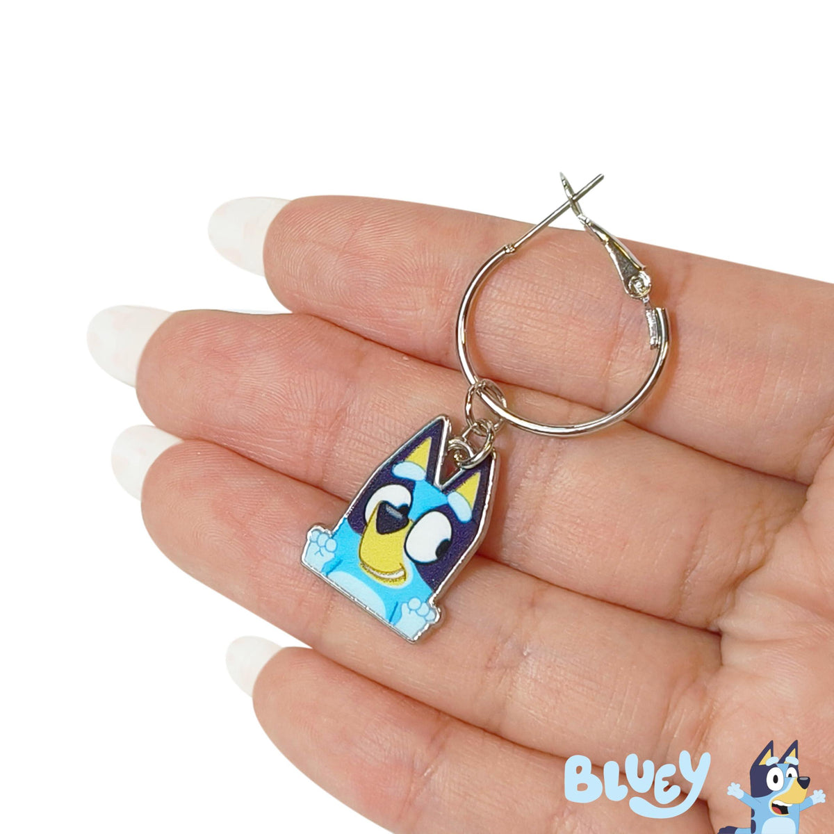 Bluey Hoop Earring girls' accessory with Bluey charm held in hand, licensed jewelry at LuvHer Shop