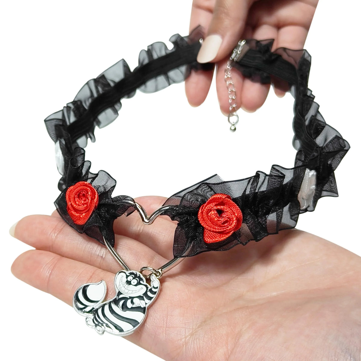 Cheshire Cat Heart Choker necklace with black ruffle, red roses, and Alice in Wonderland charm