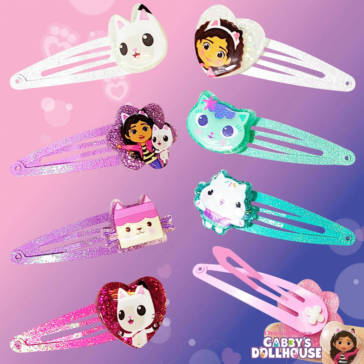 Gabby's Dollhouse hair clips set featuring cute cat and character designs on colorful glitter clips