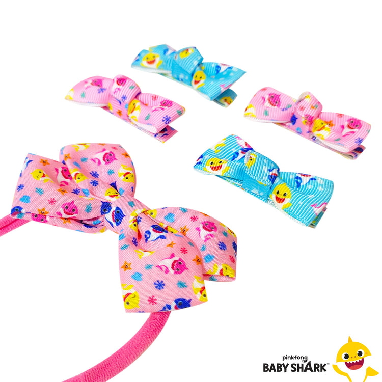 LUV HER Adorable Baby Girl Headband Set: Soft Elastic Headband with Four Matching Bows, Small Baby Shark Printed Hair Clips - Newborn Essentials and Must-Have Baby Gifts for Girls - LuvHer Shop