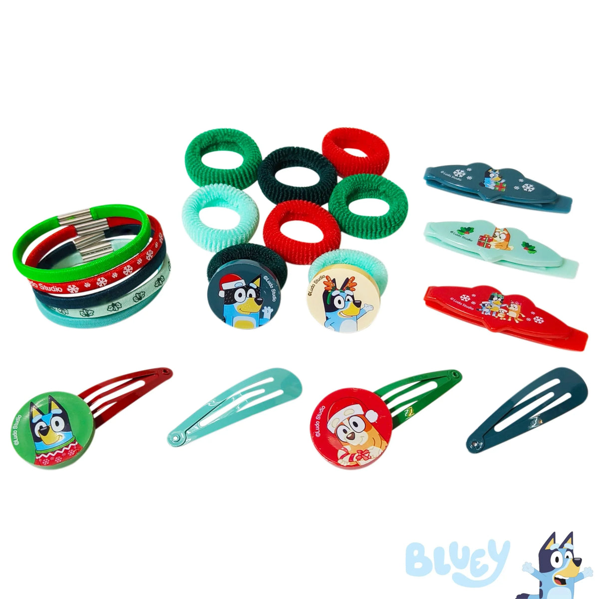 Bluey Holiday Gift Accessory Set with hair clips, ponytail holders, and bracelets featuring Bluey designs.