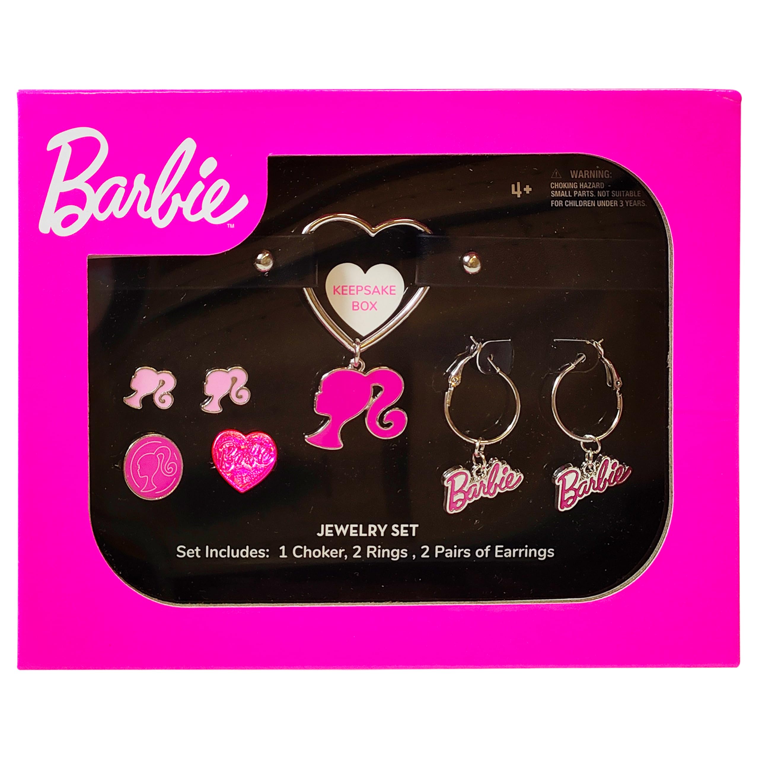 LUV HER Barbie themed 2-Piece Adjustable Ring Set, a pair of stud and hoop earrings, and a choker for Girls - Barbie Themed Charms, Universally Fitting & Stylish Gifts - Ages 4+