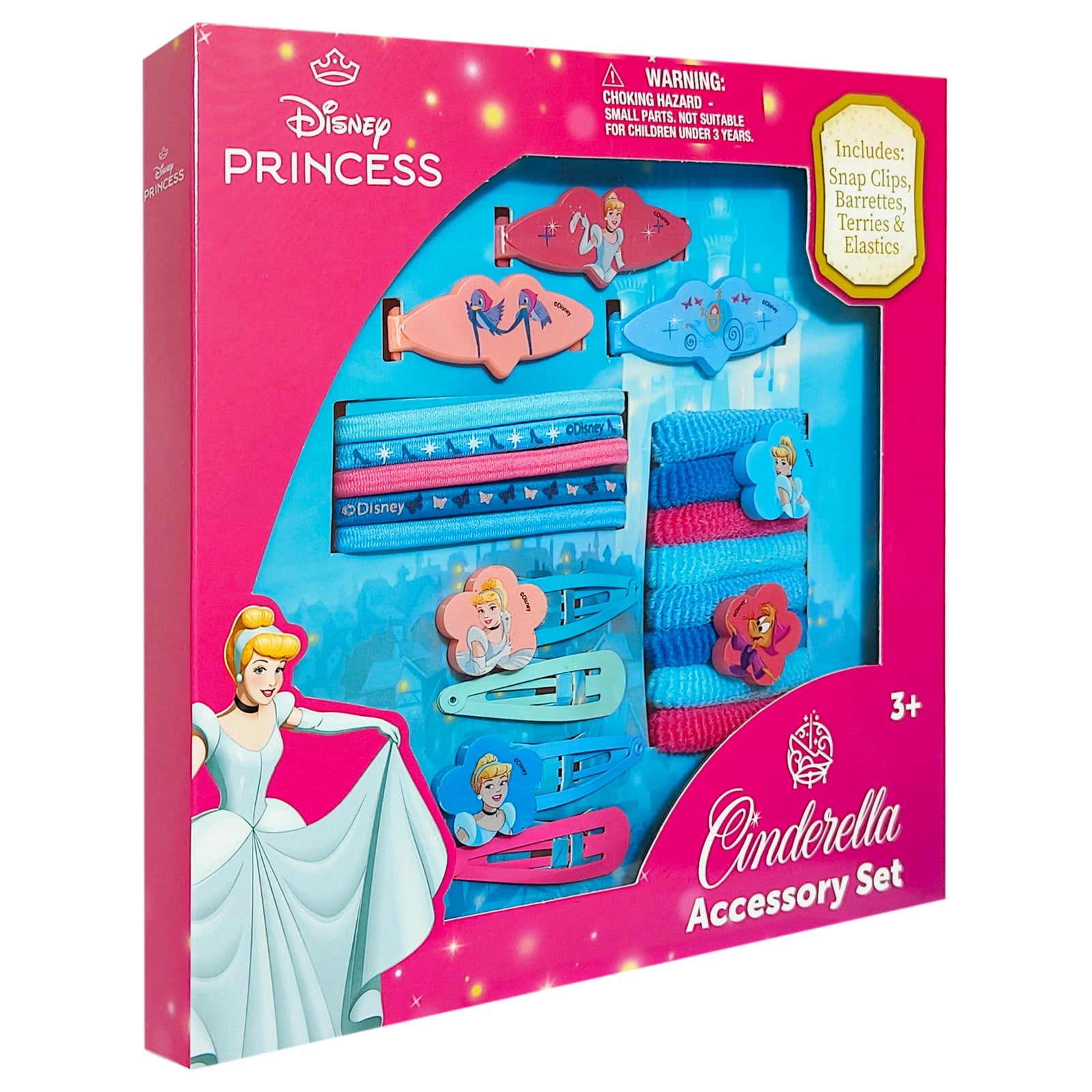 Disney Princess Cinderella Accessory Set with snap clips and barrettes in pink and blue packaging
