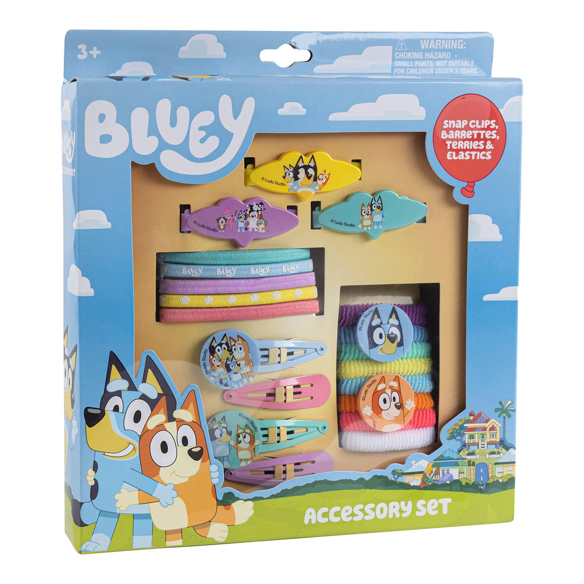 Bluey Accessory Set with hair bows, snap clips, and elastics in colorful gift box