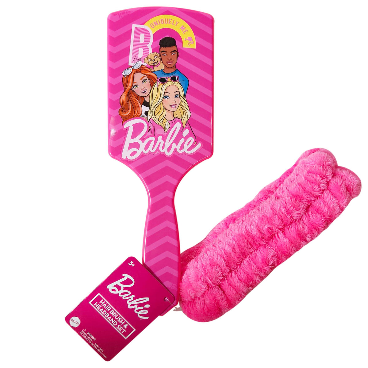 Barbie Hair Brush and Headband Set with pink paddle brush, cartoon Barbie characters, and plush pink headband
