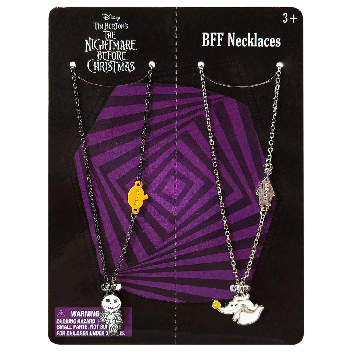 Disney The Nightmare Before Christmas BFF Necklaces featuring Jack Skellington and Zero charms on branded card.
