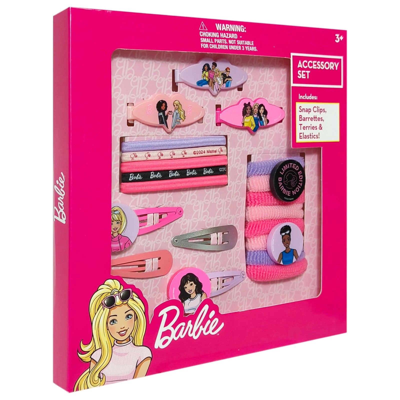 Barbie Accessory Set with snap clips, barrettes, terries, and elastics in pink packaging.