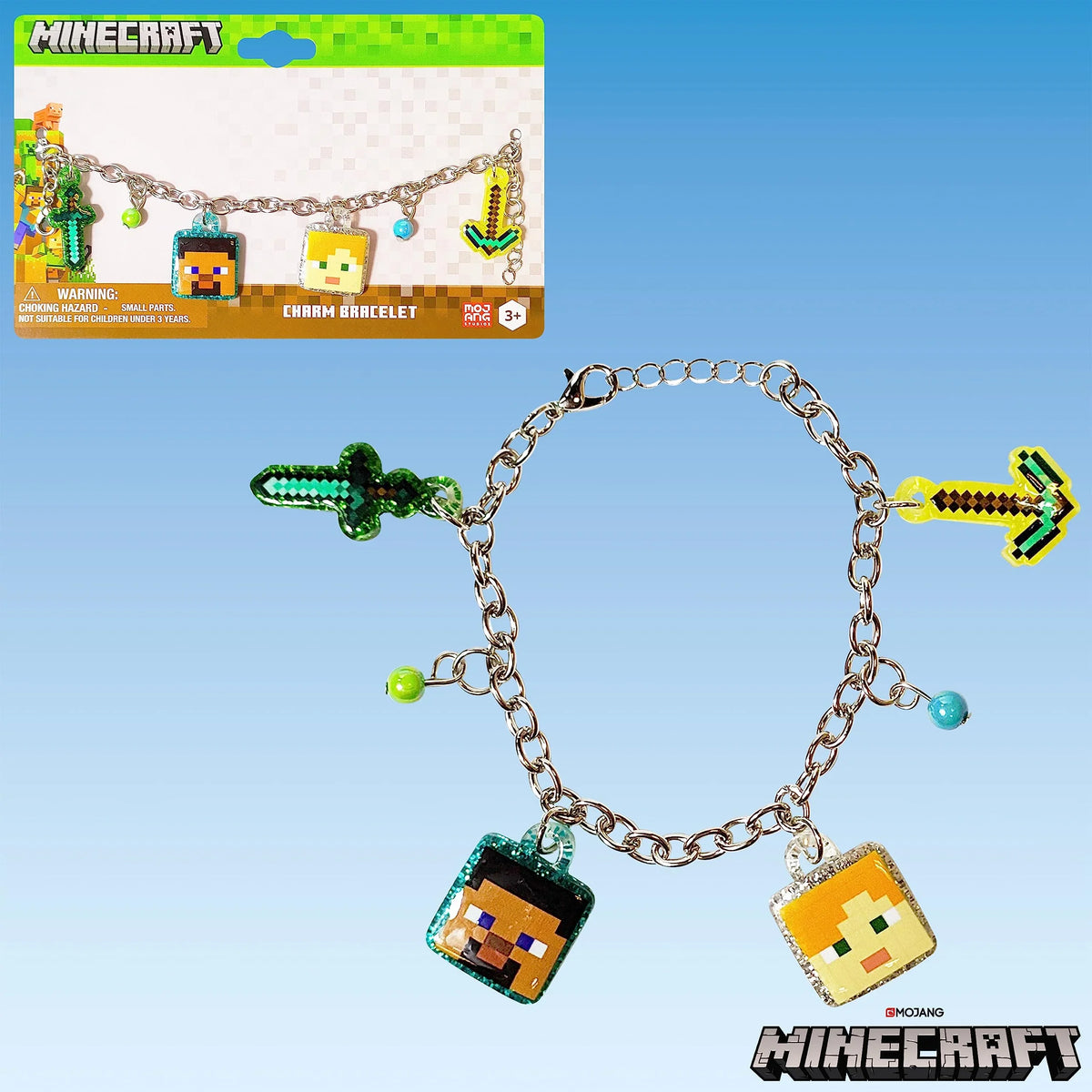 Minecraft charm bracelet with pixelated sword and character charms, officially licensed accessory from LuvHer Shop.