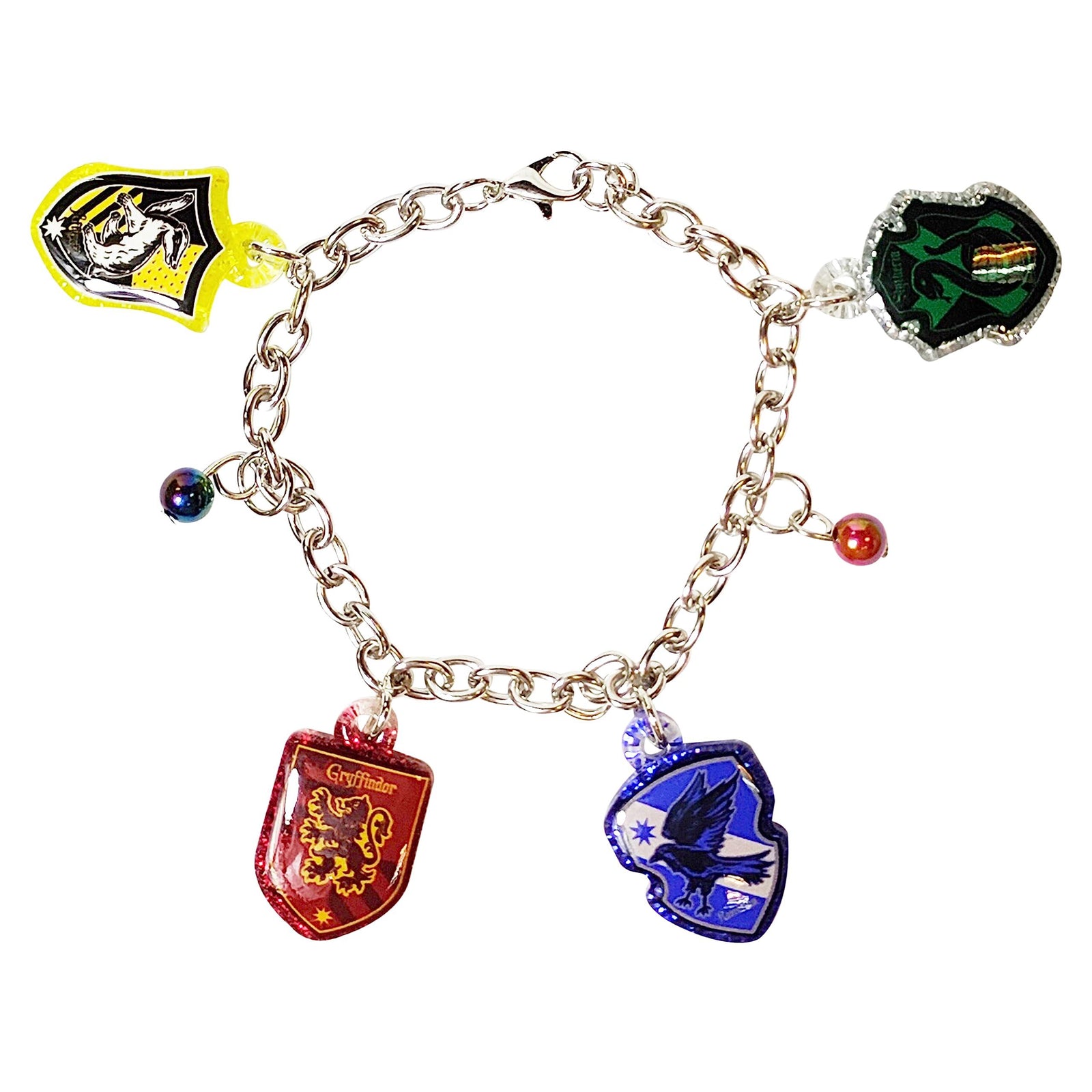 Harry Potter Charm Bracelet featuring Hogwarts house crests on product card packaging