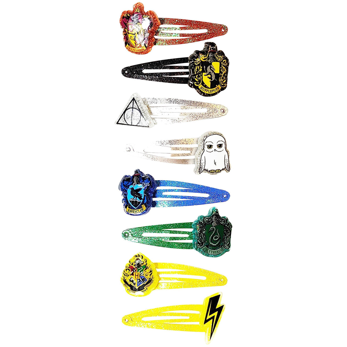 Harry Potter Glitter Snap Hair Clips set with Hogwarts house crests and themed icons on white background