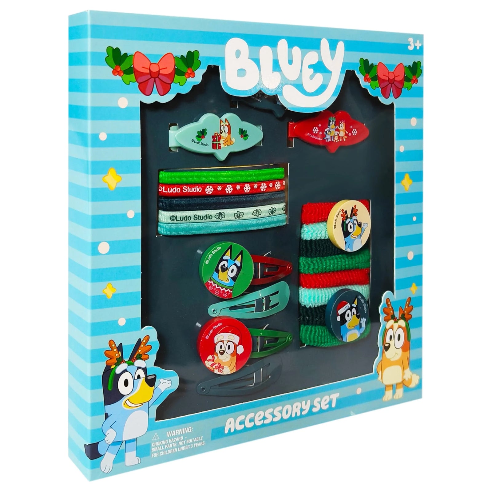 Bluey Accessory Set for girls with hair bows, clips, and bands featuring Bluey characters in festive packaging.