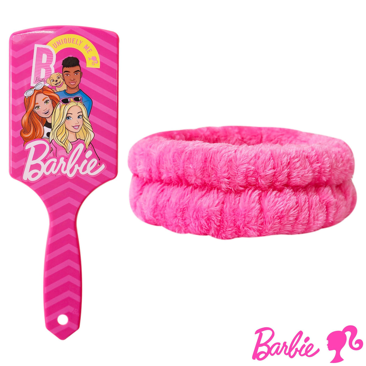Barbie hairbrush and pink plush headband set with cartoon Barbie design, LuvHer Shop