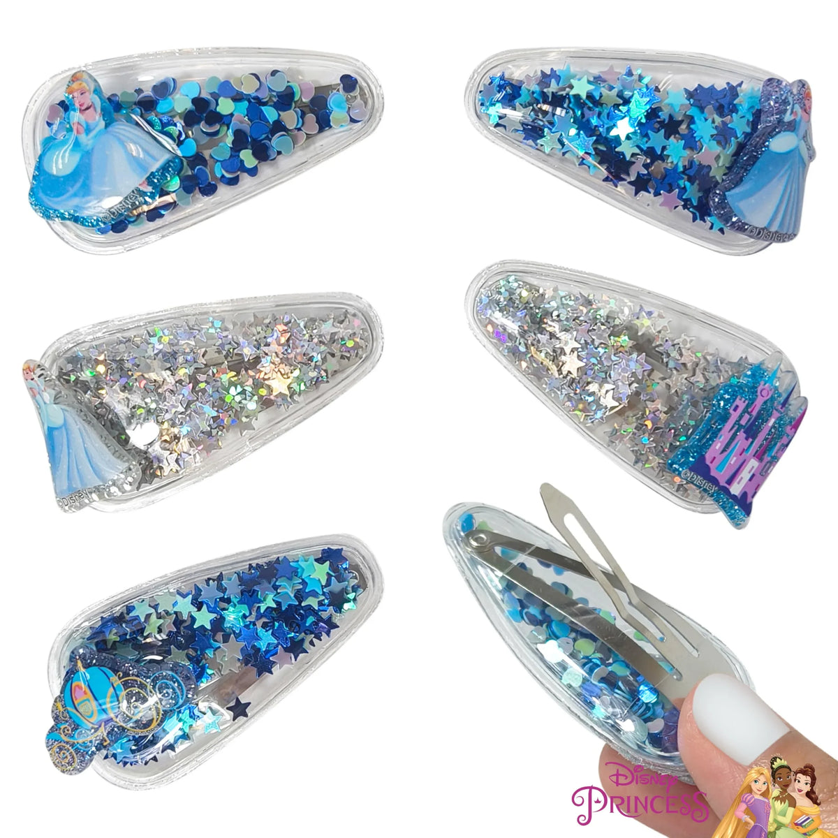 Disney Princess Cinderella Hair Clip Set with glitter stars and blue confetti, LuvHer Shop
