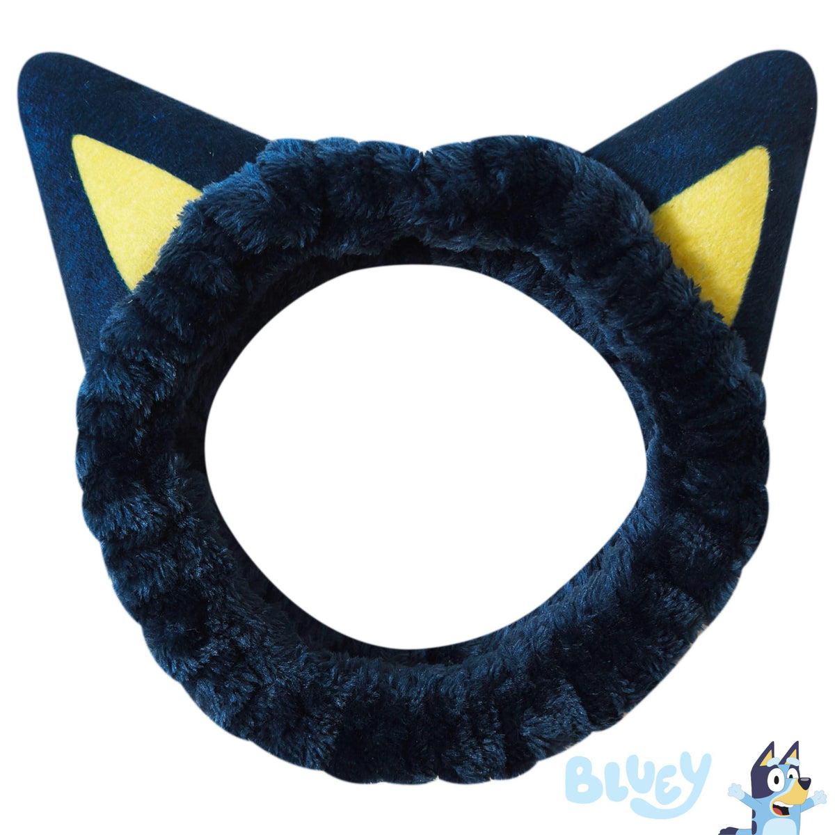 Bluey Cat Ear Plush Headband for girls featuring soft blue fabric and yellow inner ear details