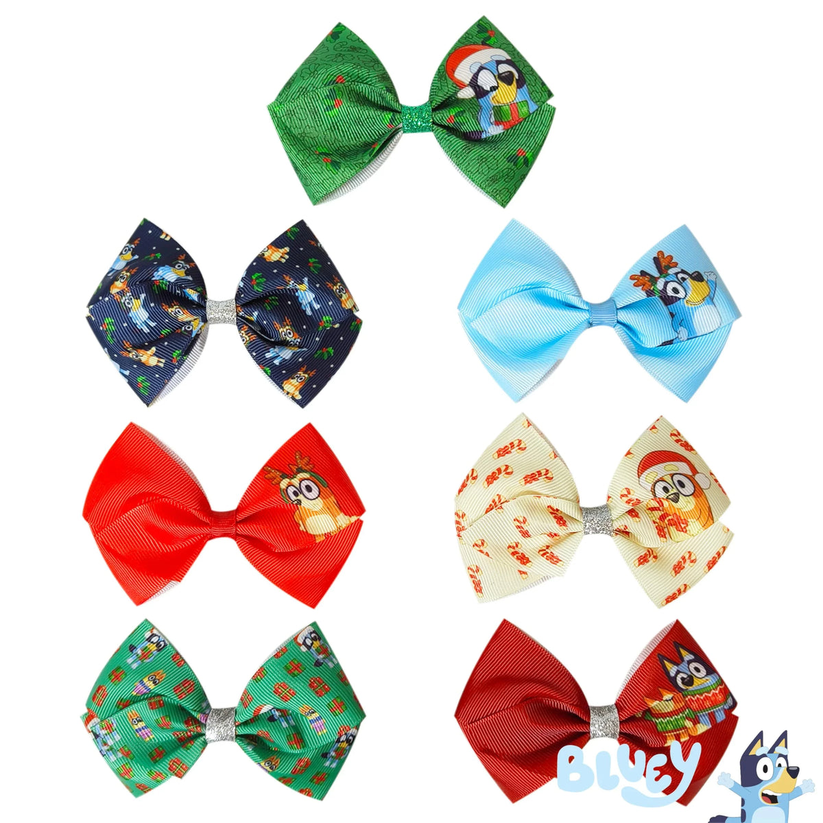 Bluey Christmas Hair Bows Set featuring colorful bows with Bluey characters and festive designs