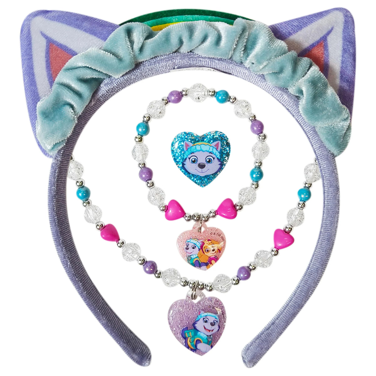 Paw Patrol Everest jewelry set with cat ear headband, beaded necklace, and matching ring