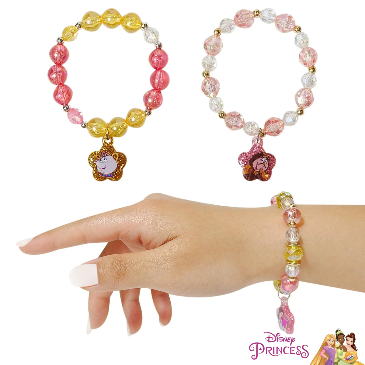 Disney Princess beaded bracelets with Mrs. Potts and Cogsworth charms from LuvHer Shop