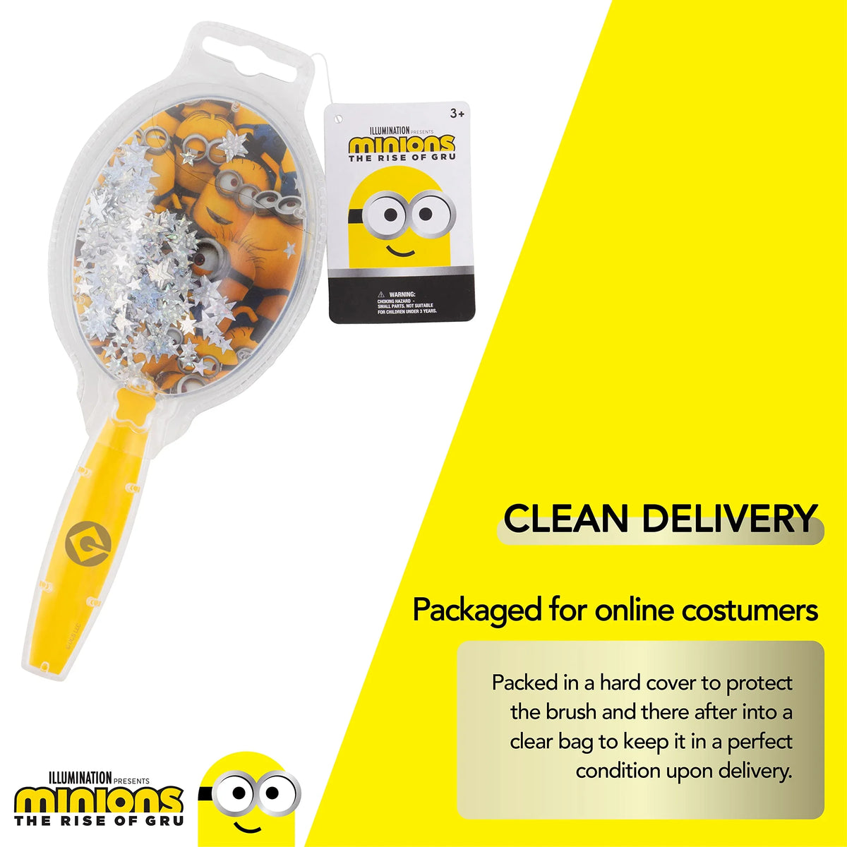 Minions The Rise of Gru hair brush with glitter stars, official licensed kids accessory.