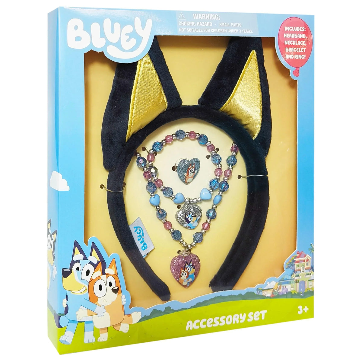 Bluey accessory set for girls with cat ear headband, necklace, bracelet, and ring in box