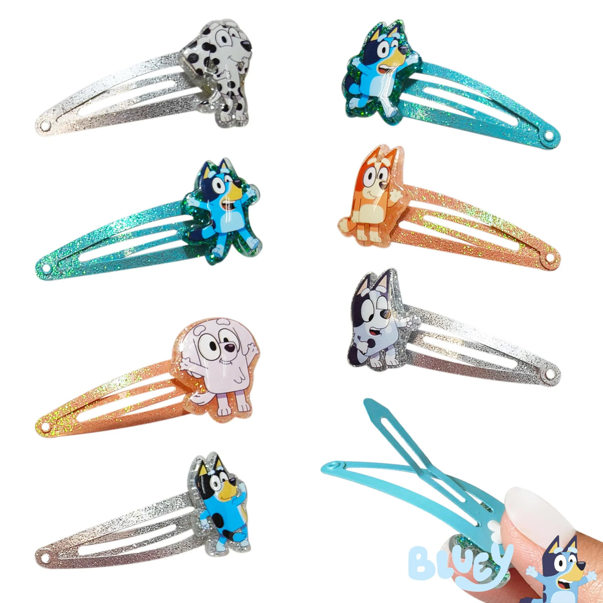 Bluey hair clip set with glitter snap clips featuring Bluey characters for girls' accessories