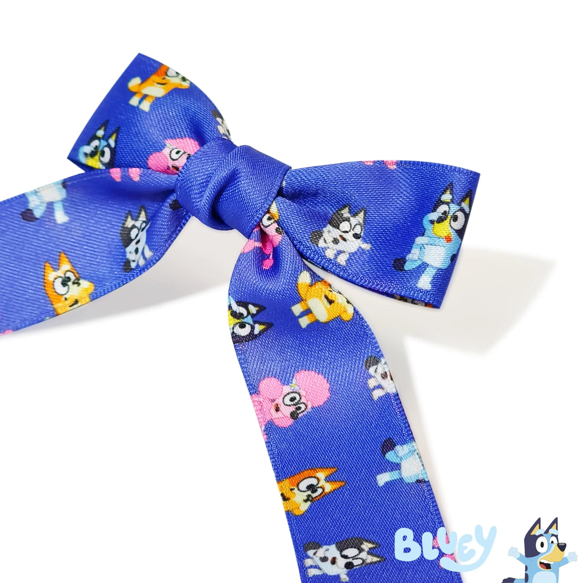 Bluey Hair Bow for girls, featuring colorful Bluey characters on a vibrant blue ribbon