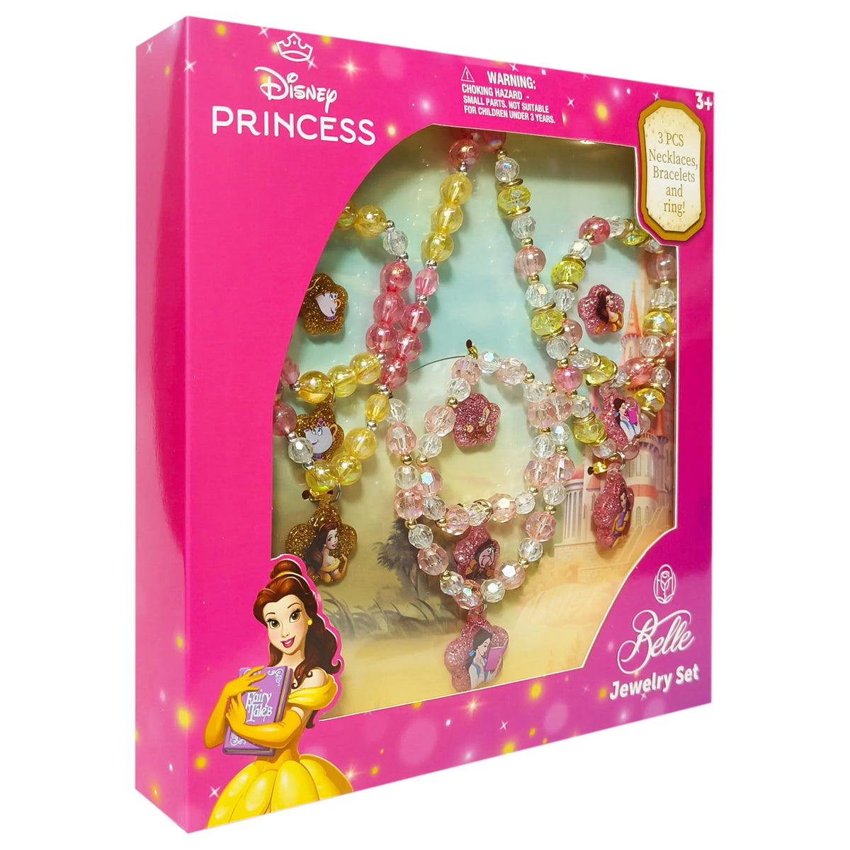 Disney Princess Belle Jewelry Set with colorful necklaces, bracelets, and ring in pink box