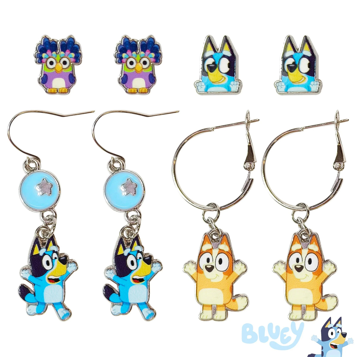 Bluey earring set featuring Bluey and Bingo character charms and studs, licensed girls' jewelry from LuvHer Shop.