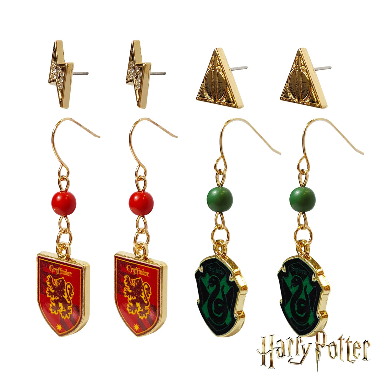 Harry Potter girls' earring set with Gryffindor, Slytherin, lightning bolt, and Deathly Hallows designs.