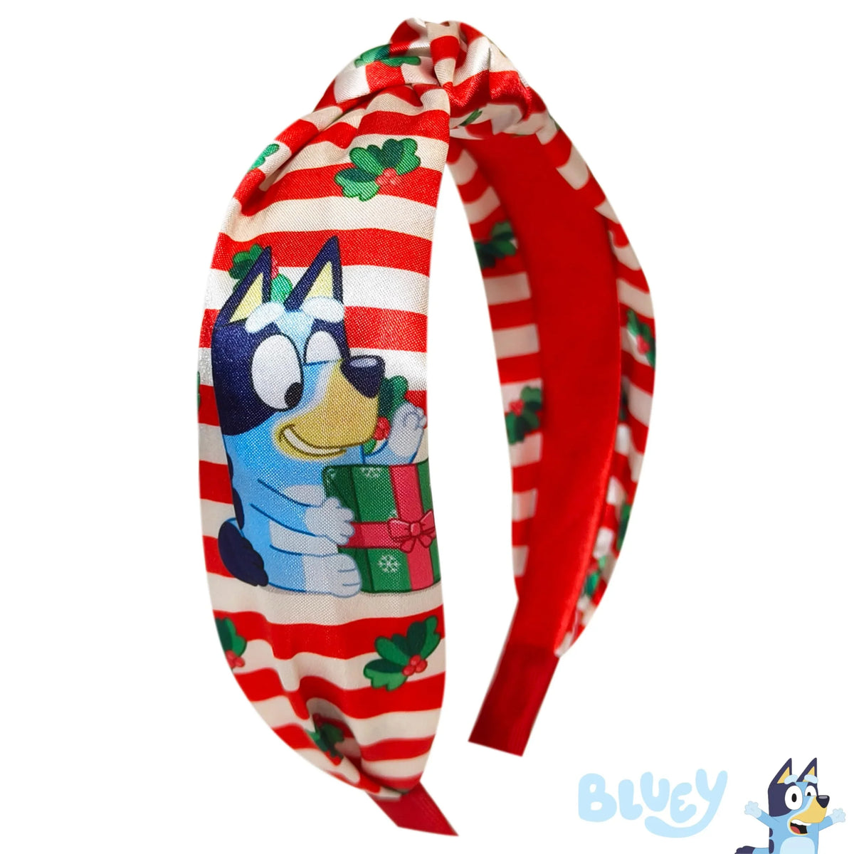 Bluey Christmas Gift Headband with red and white stripes, holly leaves, and Bluey graphic