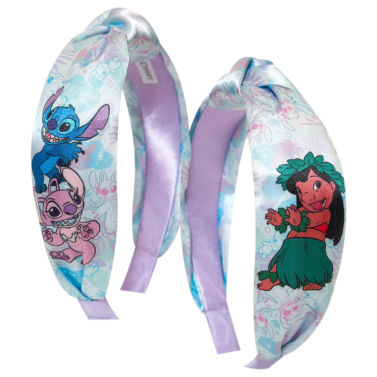 Disney Lilo & Stitch satin headbands with Lilo, Stitch, and Angel characters, pastel colors
