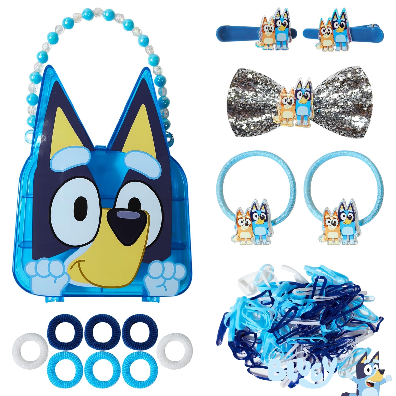Bluey Hair Accessory Gift Set with Bluey face case, bow, clips, bands, and elastics for girls