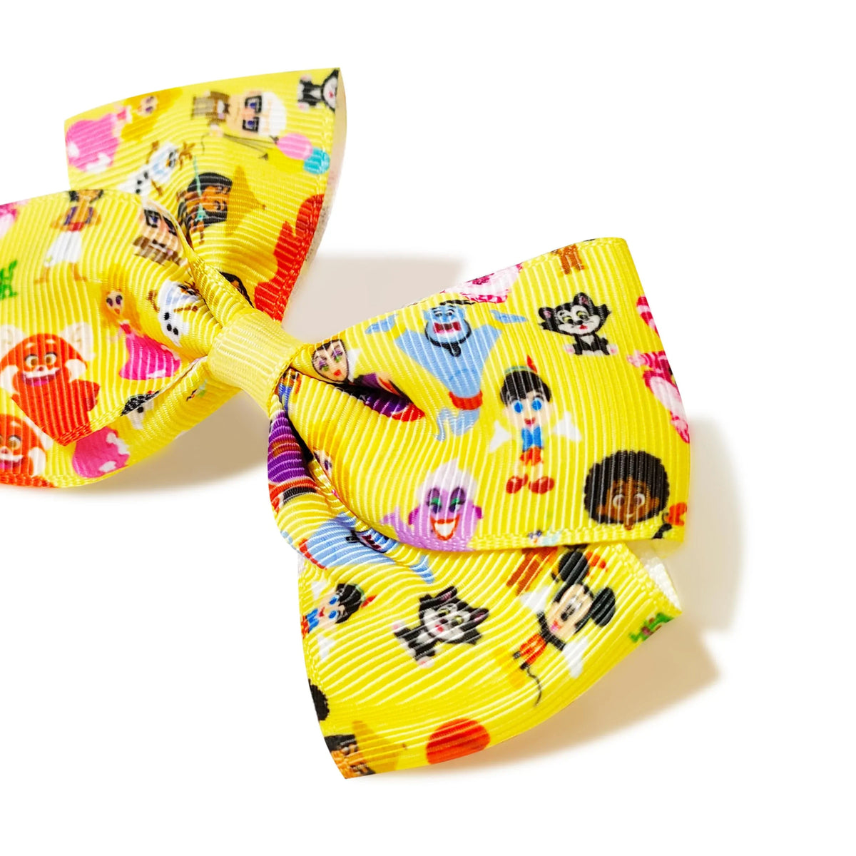 Disney Character Hair Bow from LuvHer Shop, yellow bow with cartoon Disney icons