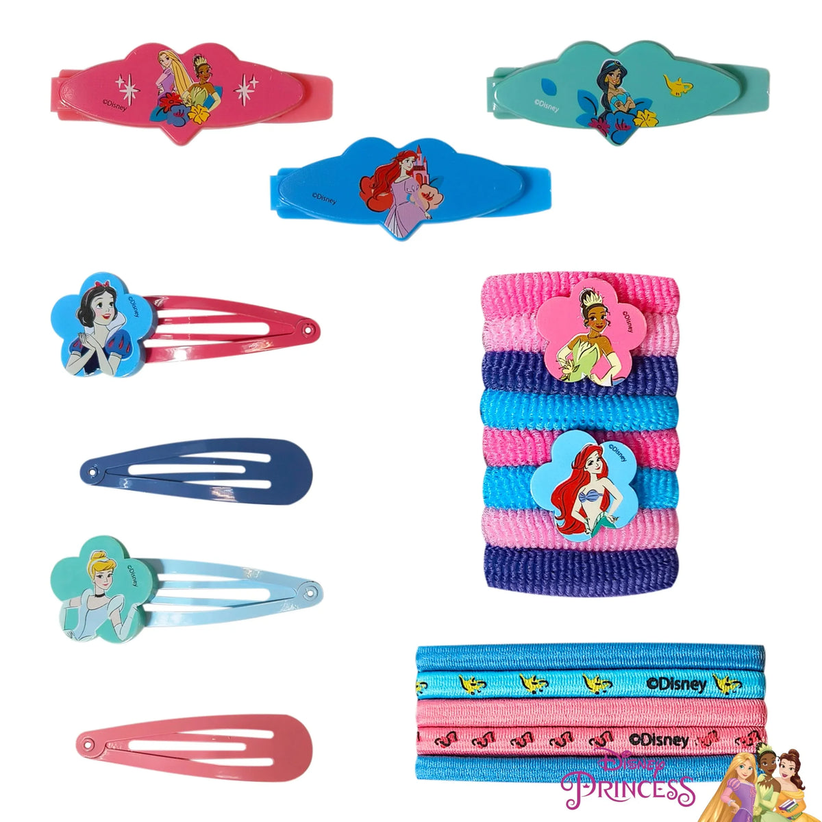 Disney Princess Hair Accessory Set with clips, bands, and elastics featuring Ariel, Snow White, Cinderella, and more, officially licensed girls' accessories from LuvHer Shop