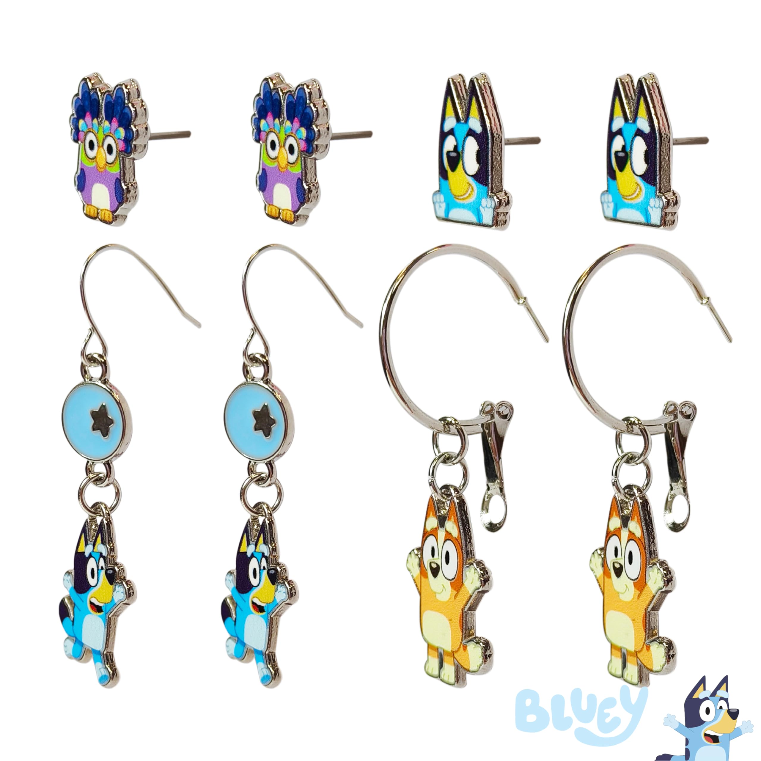 LUV HER Jewelry: 4 Pair of Bluey Hypoallergenic Earrings for Girls 2 Stud & 2 Fishhook Earrings with Bluey One Size Fits All Birthday Gifts For Girls Disney Accessories for Girls Ages 4+ - LuvHer Shop