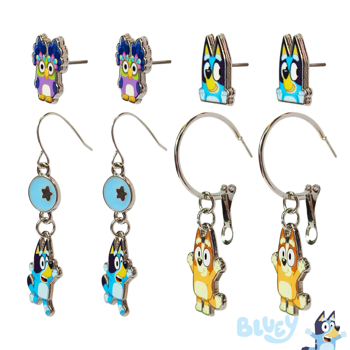 Bluey earring set featuring Bluey and Bingo character studs and dangles, officially licensed