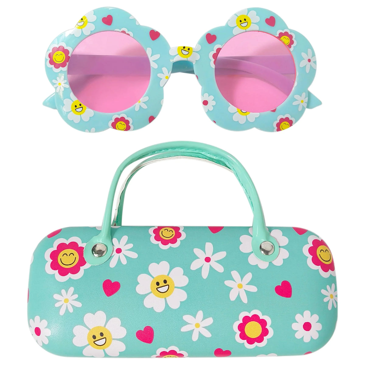 LuvHer Shop Daisy Flower Sunglasses and matching case with smiley faces and hearts pattern.