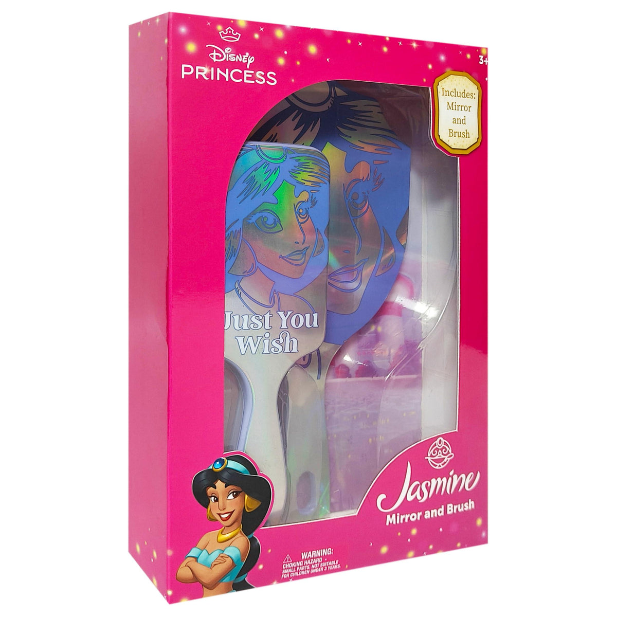 Disney Princess Jasmine Mirror and Brush set in pink box, featuring Princess Jasmine design.
