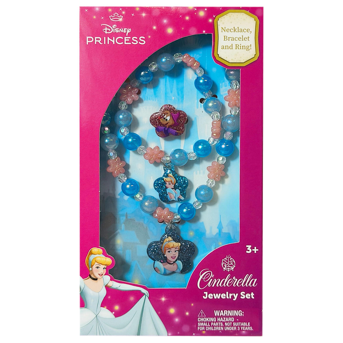 Disney Princess Cinderella Jewelry Set with necklace, bracelet, and ring in pink and blue packaging