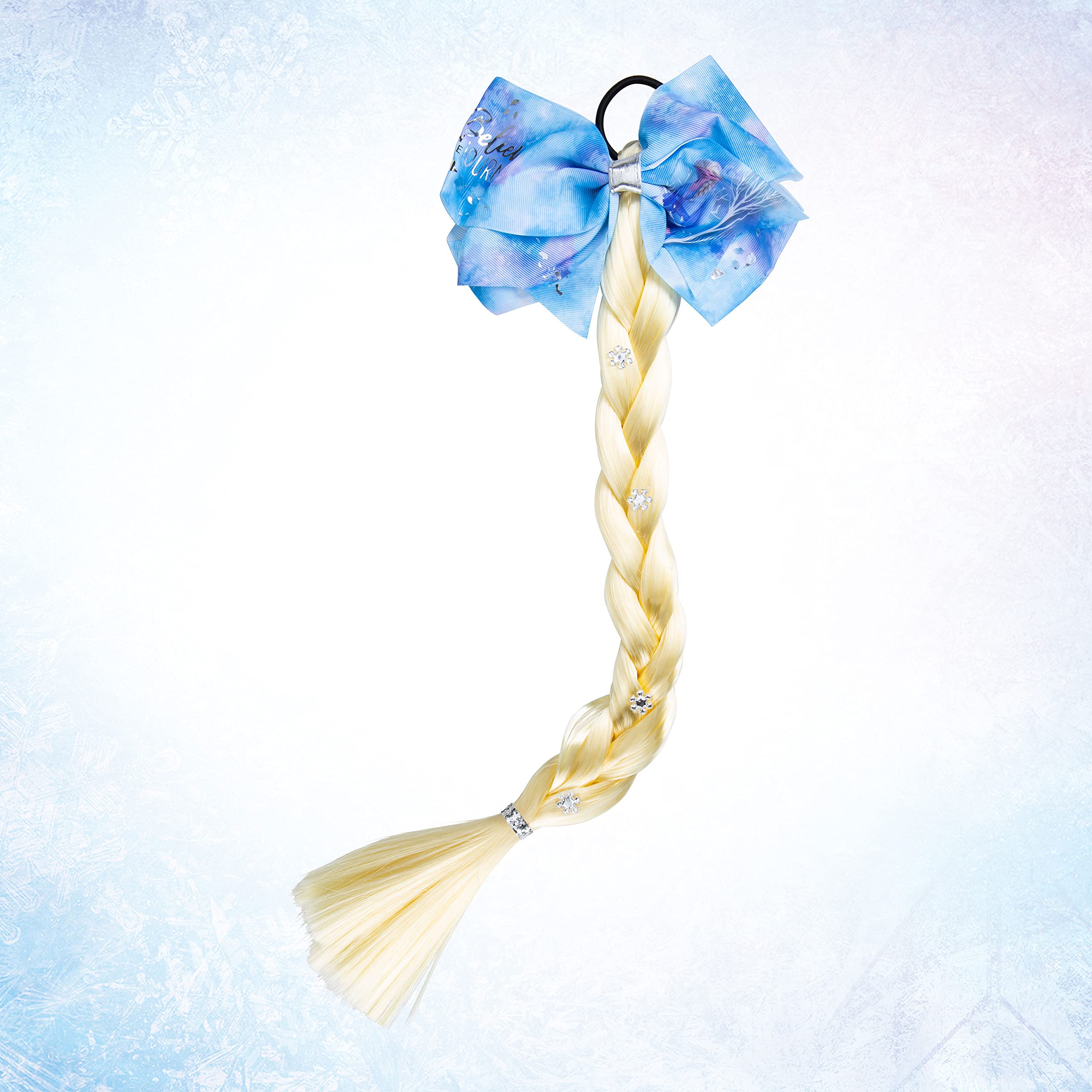 LUV HER Girls Hair Accessories - Princess ELSA Large Sky Blue Bow with Blond Faux Hair Braid with Snowflake Diamonds - Long Thick Hair Braid Extension With Hair Band - LuvHer Shop