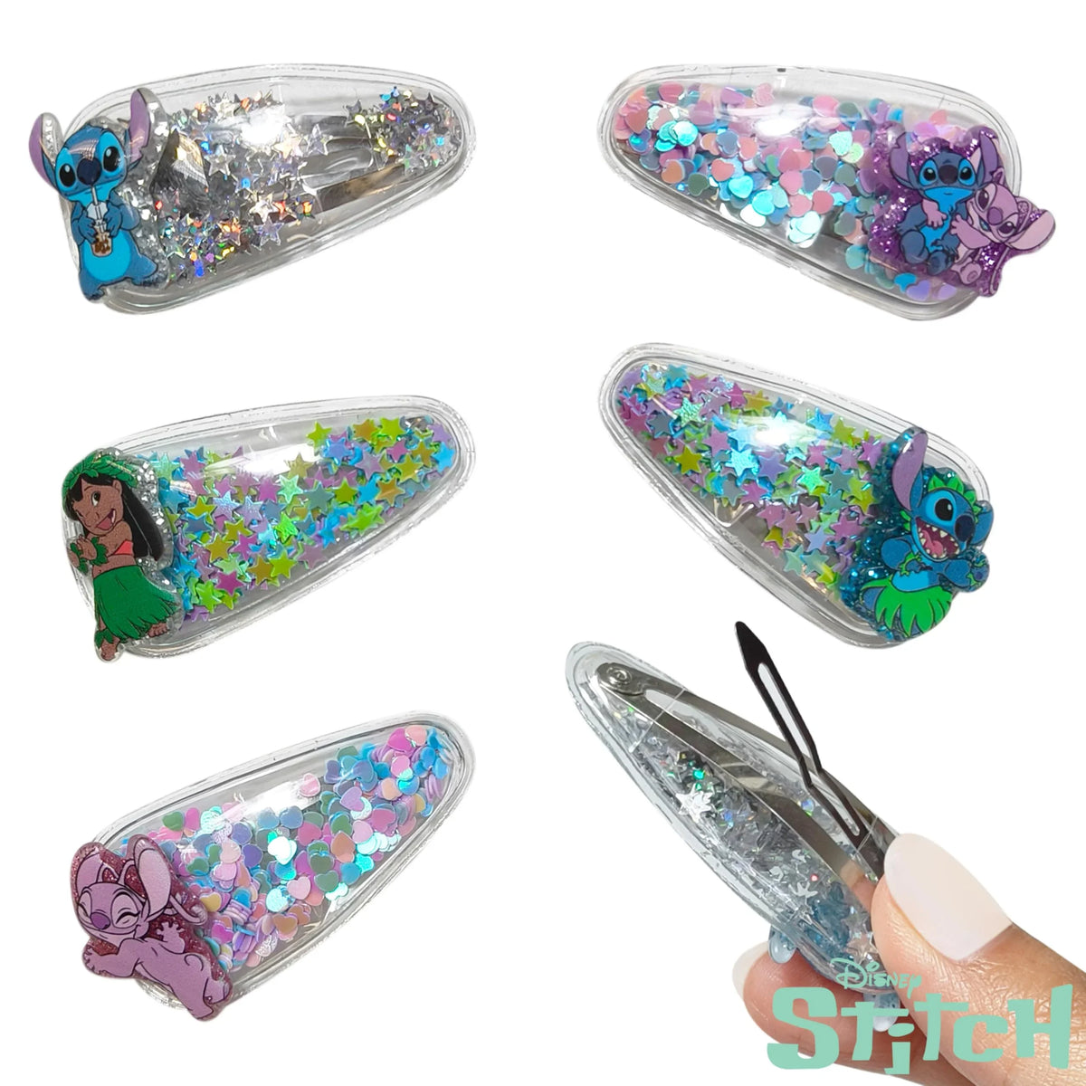 Disney Stitch hair clips set with glitter, featuring Stitch, Angel, and Lilo characters