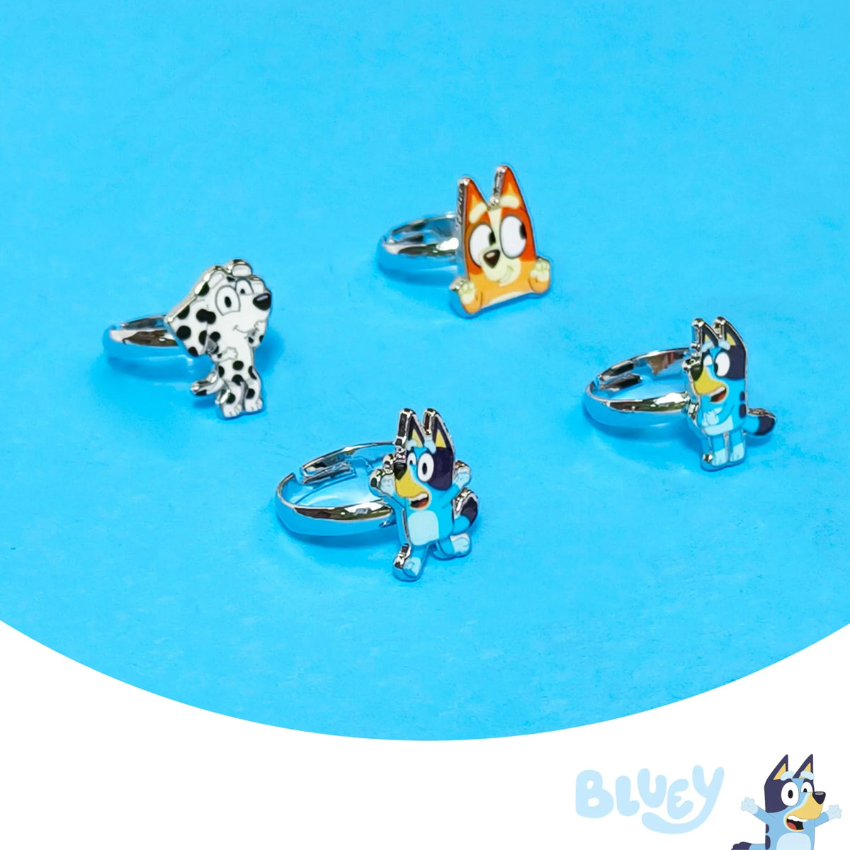 Bluey Adjustable Rings Set featuring Bluey, Bingo, and Dalmatian designs on silver bands