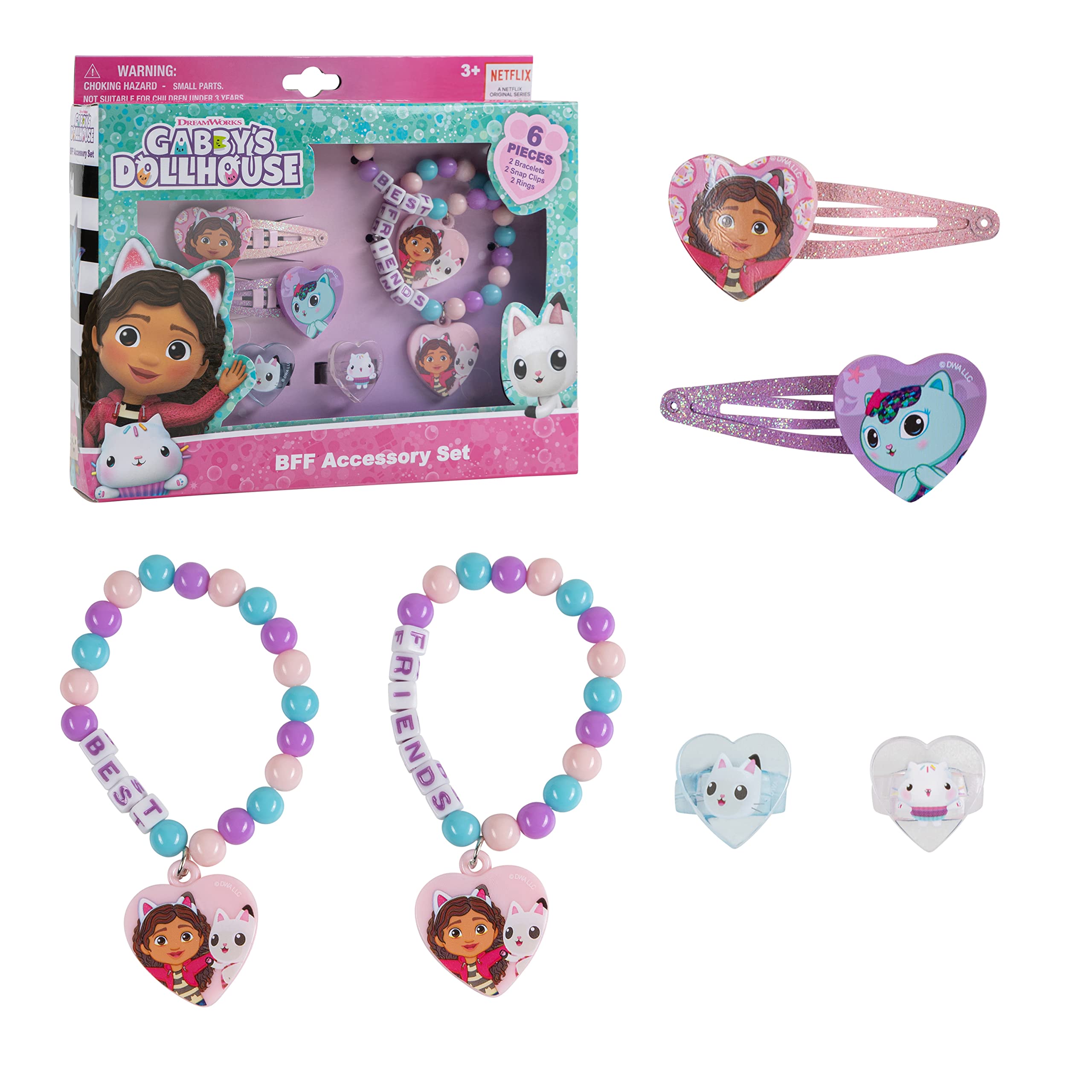 Luv Her Gabby's Dollhouse Girls BFF 6 Piece Toy Jewelry Box Set with 2 Rings, 2 Bead Bracelets and Snap Hair Clips Ages 3+ - LuvHer Shop