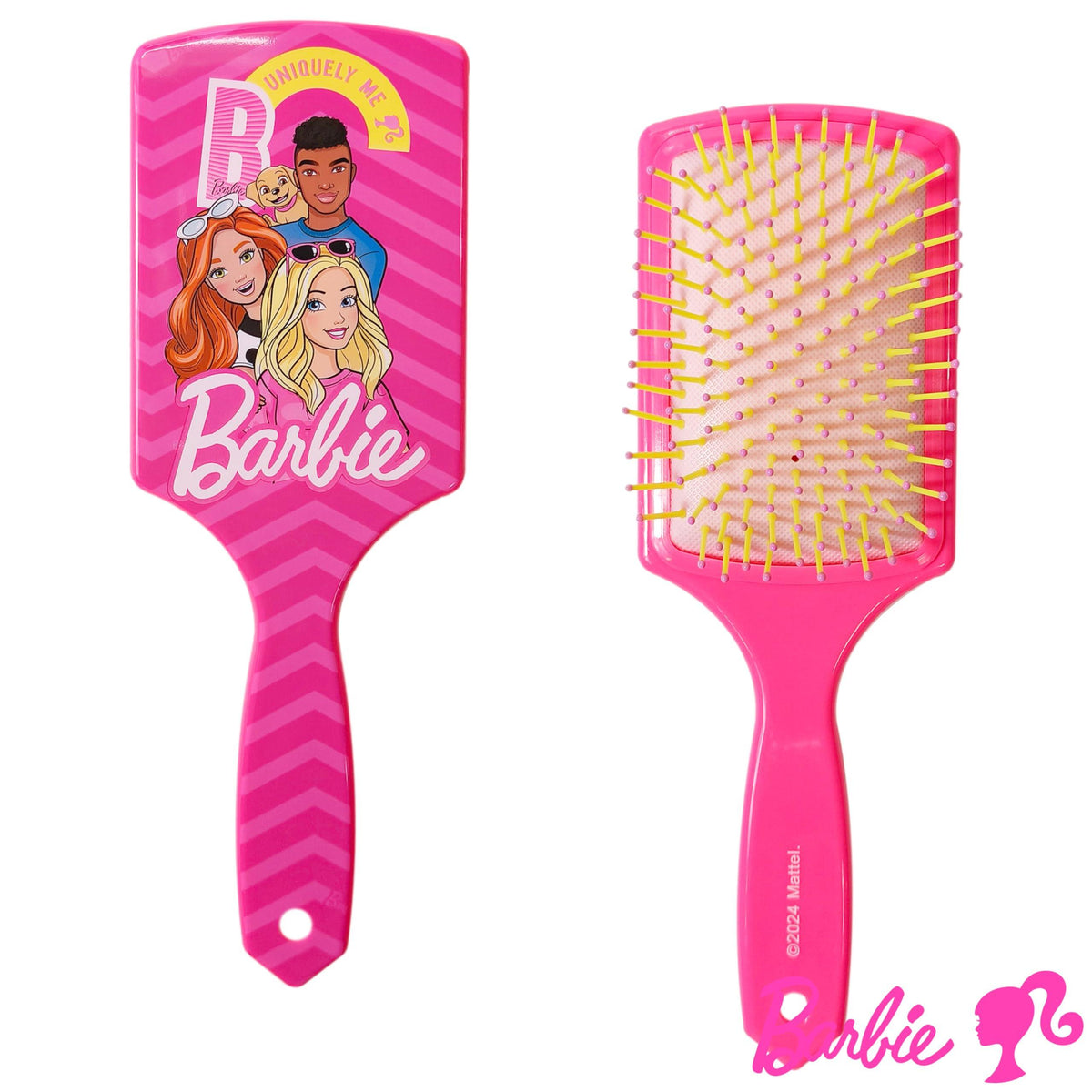 Barbie paddle hair brush with pink handle, featuring Barbie characters and 'Uniquely Me' text.