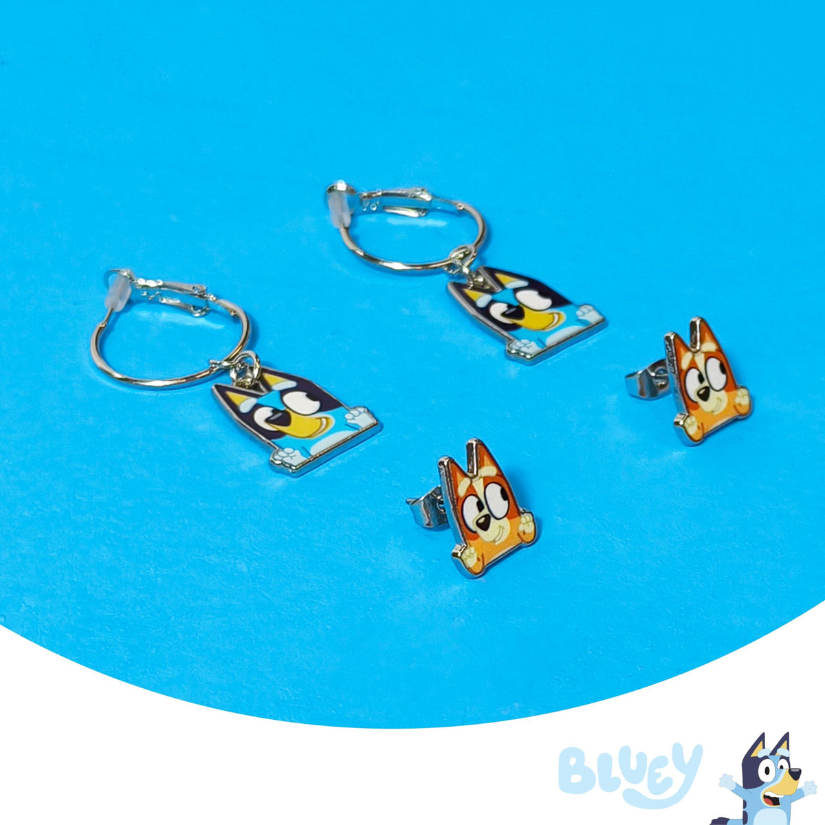 Bluey Earring Set featuring Bluey and Bingo characters on silver hoops and stud earrings, LuvHer Shop