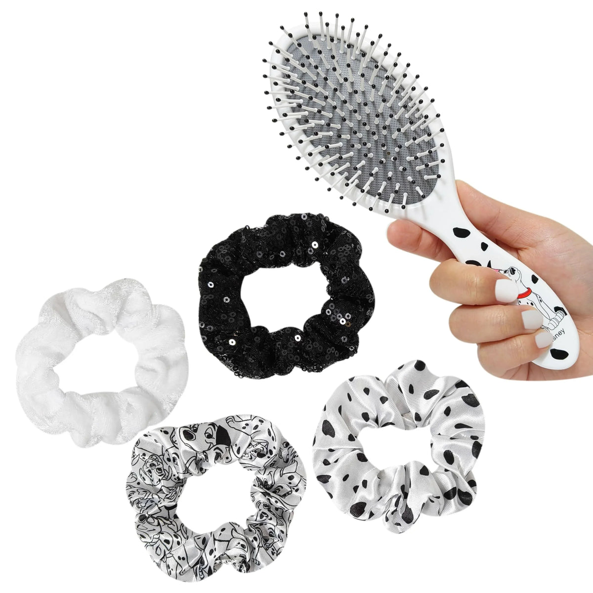 Disney 101 Dalmatians Hair Brush and Scrunchies gift set with black and white patterns