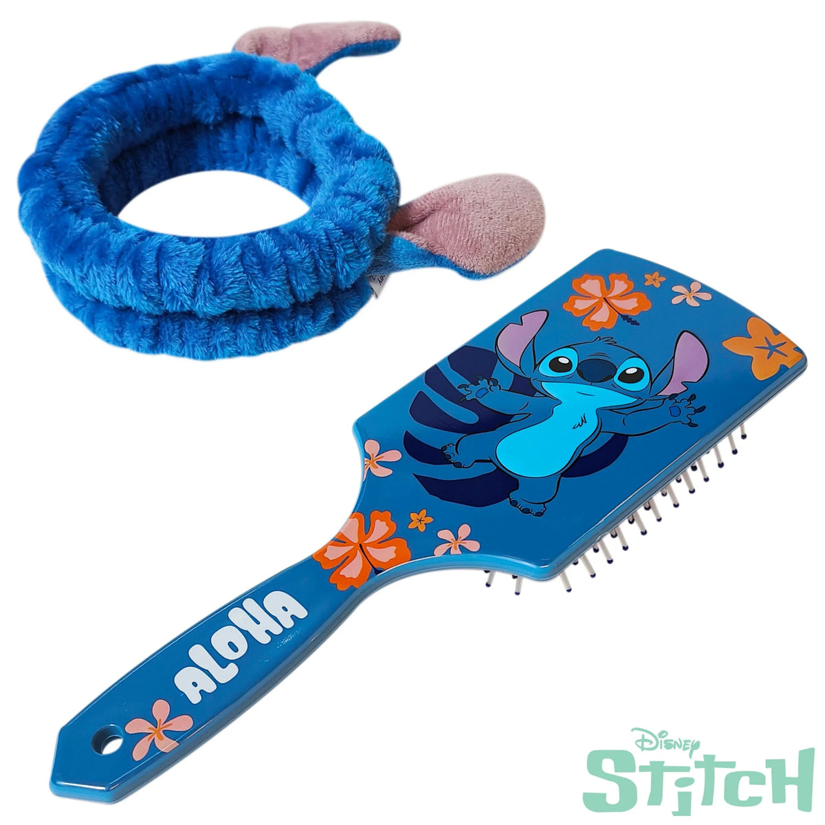 Disney Stitch hair brush and blue ear headband set with floral Aloha design, LuvHer Shop