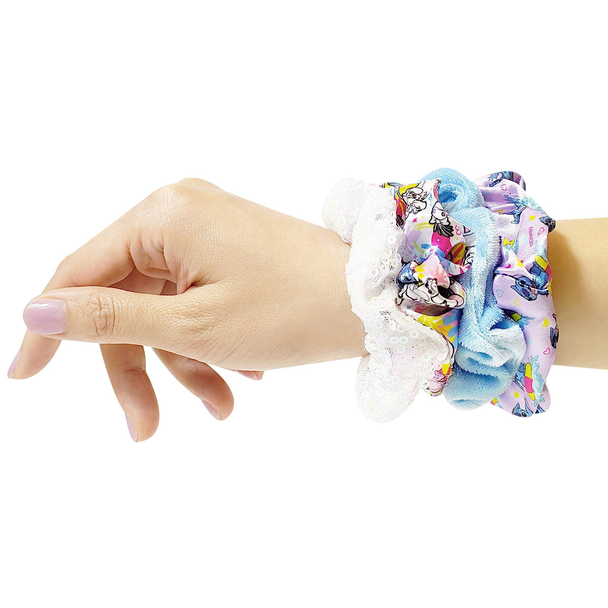 LuvHer Shop Disney Marie Scrunchies on wrist, colorful hair accessories for girls
